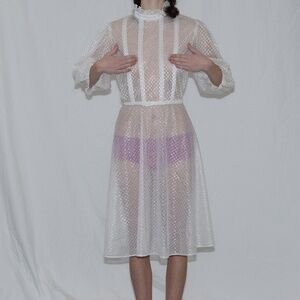 Vintage 70s white mesh midi dress with tie turtleneck size medium